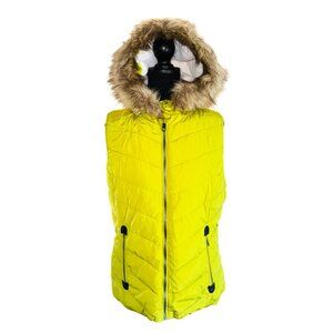 Green Tea Womens Avocado YelloPuffer Vest With Faux Fur Hood & Zip Pockets Size